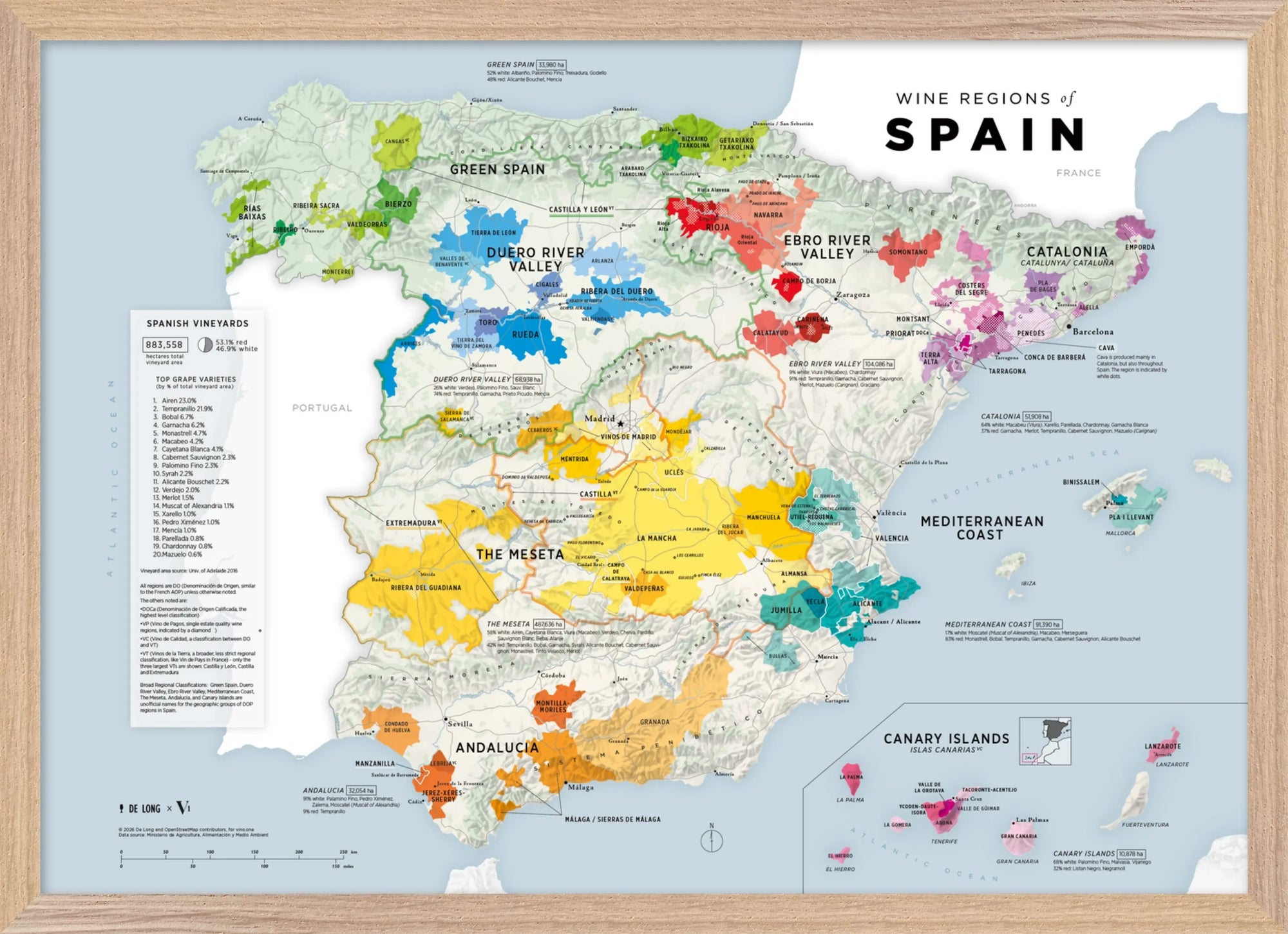 Wine Regions of Spain Vino One Framed by De Long shows Spain's major wine regions with color-coded vineyards.