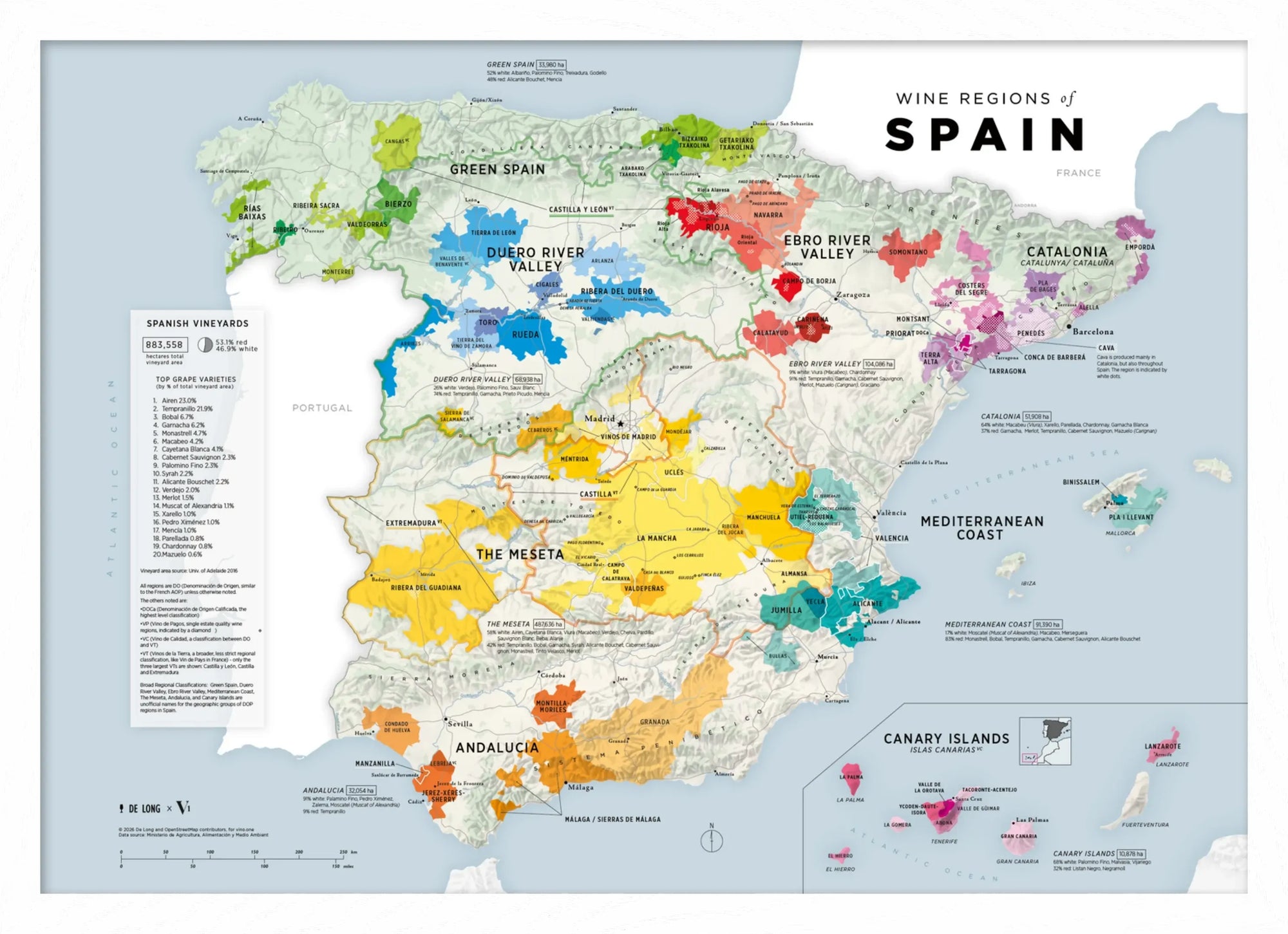 De Long Wine Regions of Spain Vino One Framed map shows major wine regions labeled and color-coded across the country.