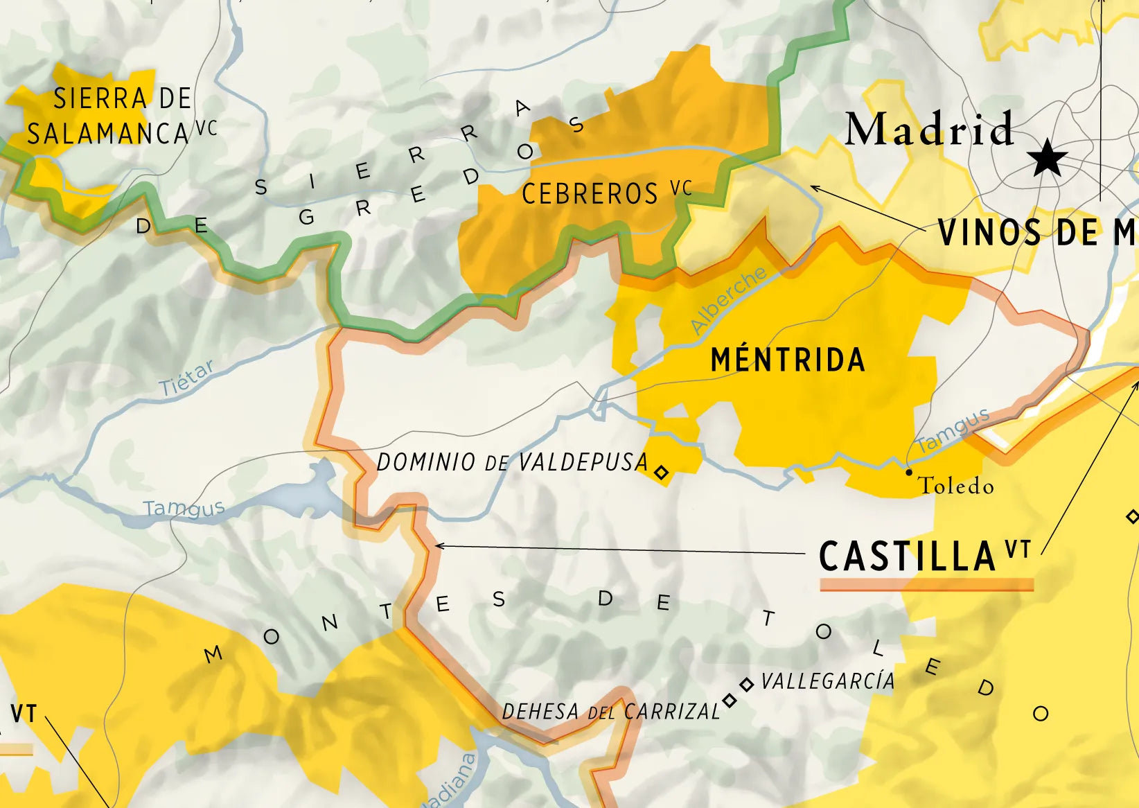 De Long’s Wine Regions of Spain Vino One: Map of Madrid’s nearby regions—Méntrida, Valdepusa, Sierra de Gredos.