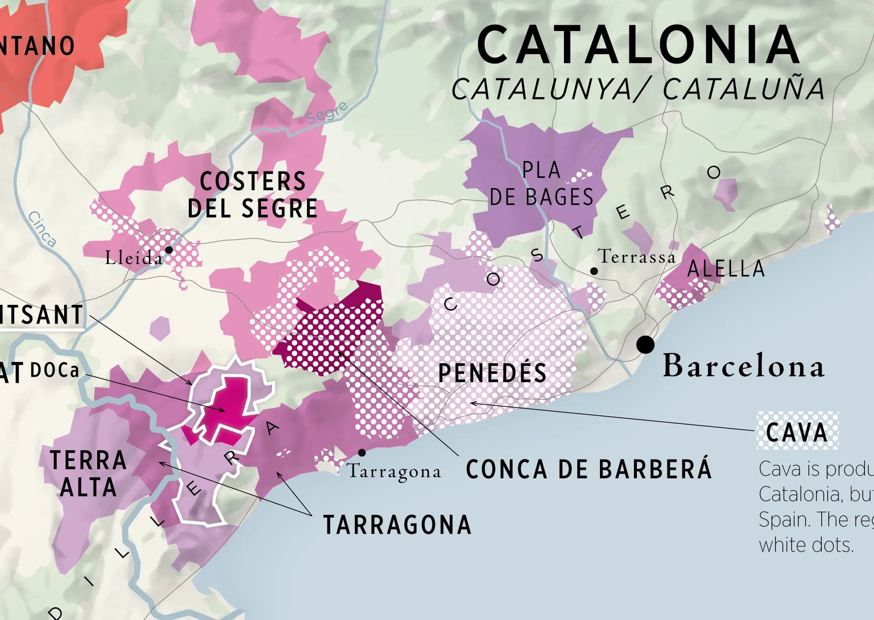 De Long Wine Regions of Spain Vino One: Map spotlighting Catalonia, Cava zones, and major wine regions with color highlights.
