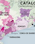 De Long Wine Regions of Spain Vino One: Map spotlighting Catalonia, Cava zones, and major wine regions with color highlights.