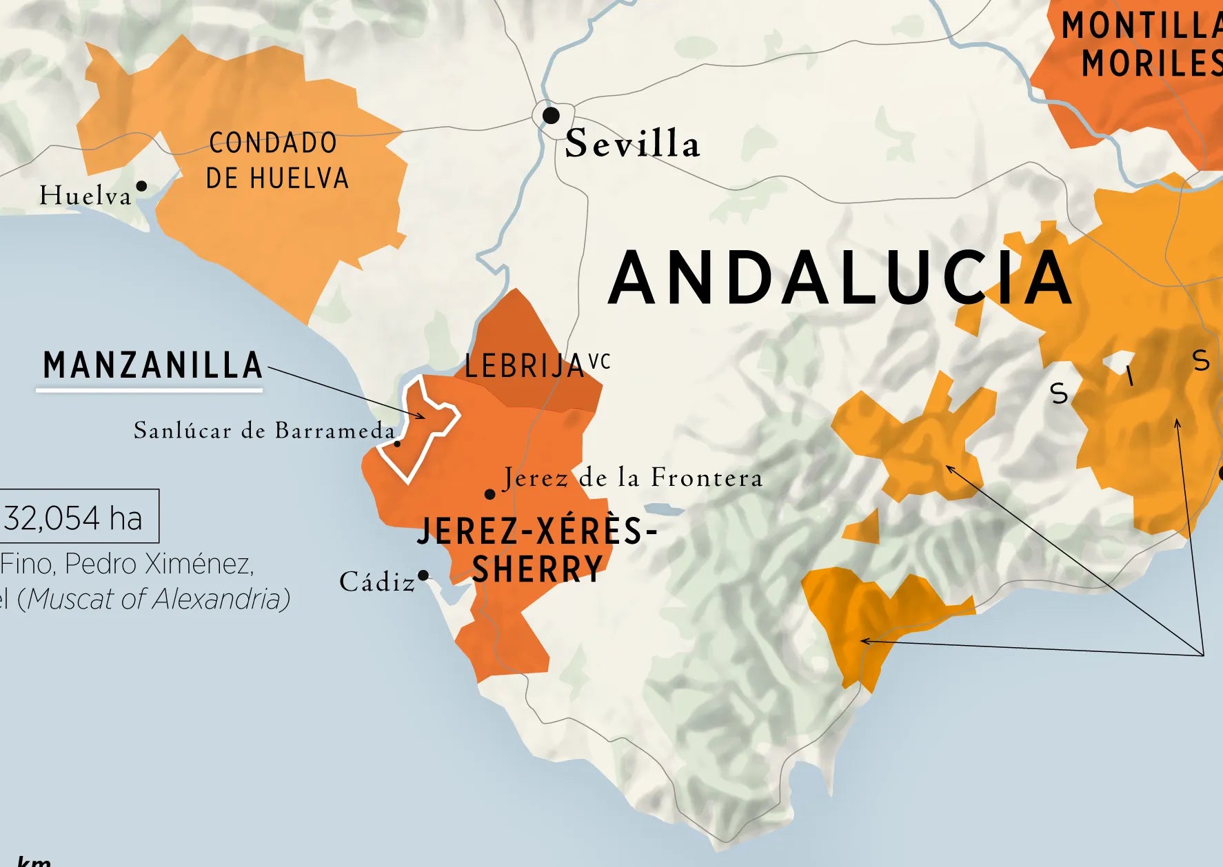 Wine Regions of Spain Vino One by De Long, featuring Jerez-Xérès-Sherry and Spanish wine regions in orange.