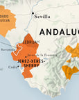 Wine Regions of Spain Vino One by De Long, featuring Jerez-Xérès-Sherry and Spanish wine regions in orange.