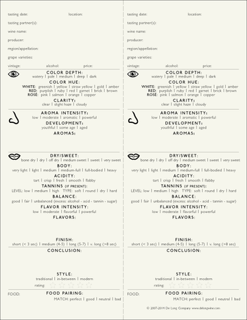 Wine Tasting Note Forms | De Long