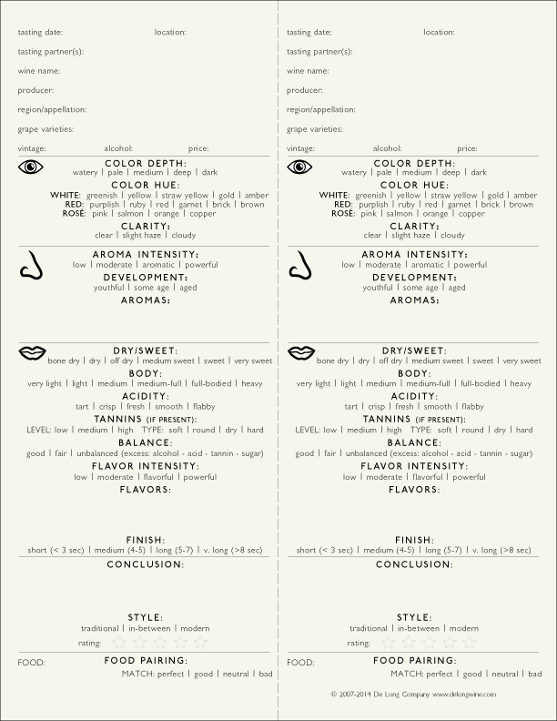 Wine Tasting Note Forms | De Long